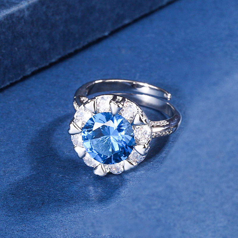 2024 nueva joyería Zhuang Shengsheng fondo de cobre chapado en oro simulación tesoro de color temperamento corindón anillo de lazo mujer 10mm