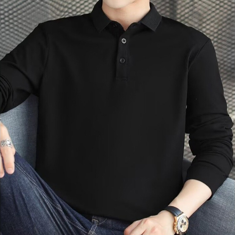 Men's Long-Sleeve Polo Shirt with Collar, Solid Black, Suitable for Spring and Autumn, Can Be Used as a Base Layer Men's Long-Sleeve Polo Shirt with Collar, Solid Black, Suitable for Spring and Autumn, Can Be Used as a Base Layer