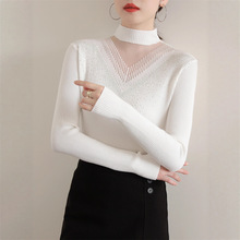 秋冬新款半高領時尚套頭毛衣女顯瘦鏤空燙鑽針織衫網紗拼接打底衫