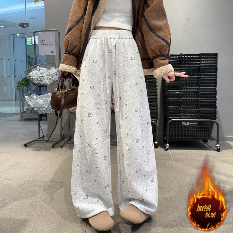简约显瘦正品运动裤女加绒加厚休闲裤阔腿卫裤松紧高腰宽松拖地裤