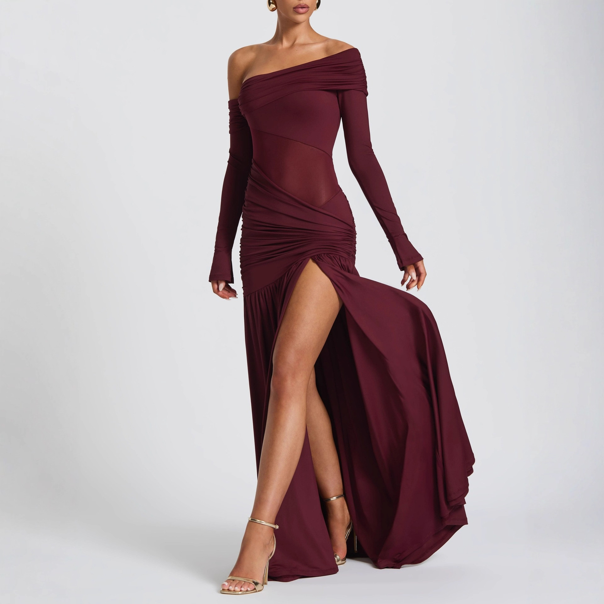Trendy Elegant Women's One Shoulder Dress Waist Cinched Pleated Split Hem High Waist Slim Summer Spring Fashion Dress_ecoleips.com