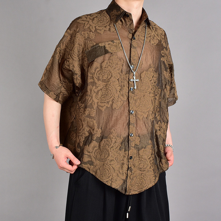 Cross-border Southeast Asian Dark Jacquard Shirt Men's Tropical Retro Korean-style Translucent Short-sleeved Shirt
