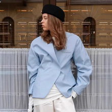 欧美街头休闲蓝色西装外套女2025秋季设计感宽松长袖夹克上衣女装