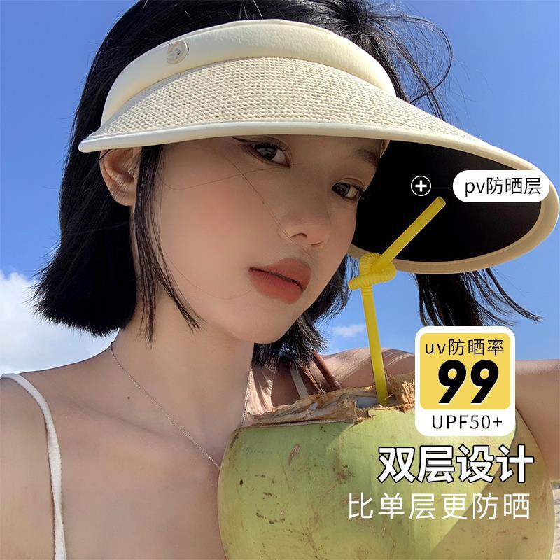 UV-Protective Open-Top Straw Hat for Women | Summer Outdoor Cycling & Bike Riding | Black Vinyl Sun Visor with UV Protection | Korean-Style Topless Sun Hat