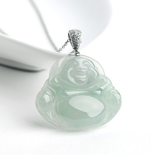 Natural Burmese Jade Light Oil Green Buddha Laughing Buddha Pendant 925 Silver Set Necklace Ice Jade Pendant for Women