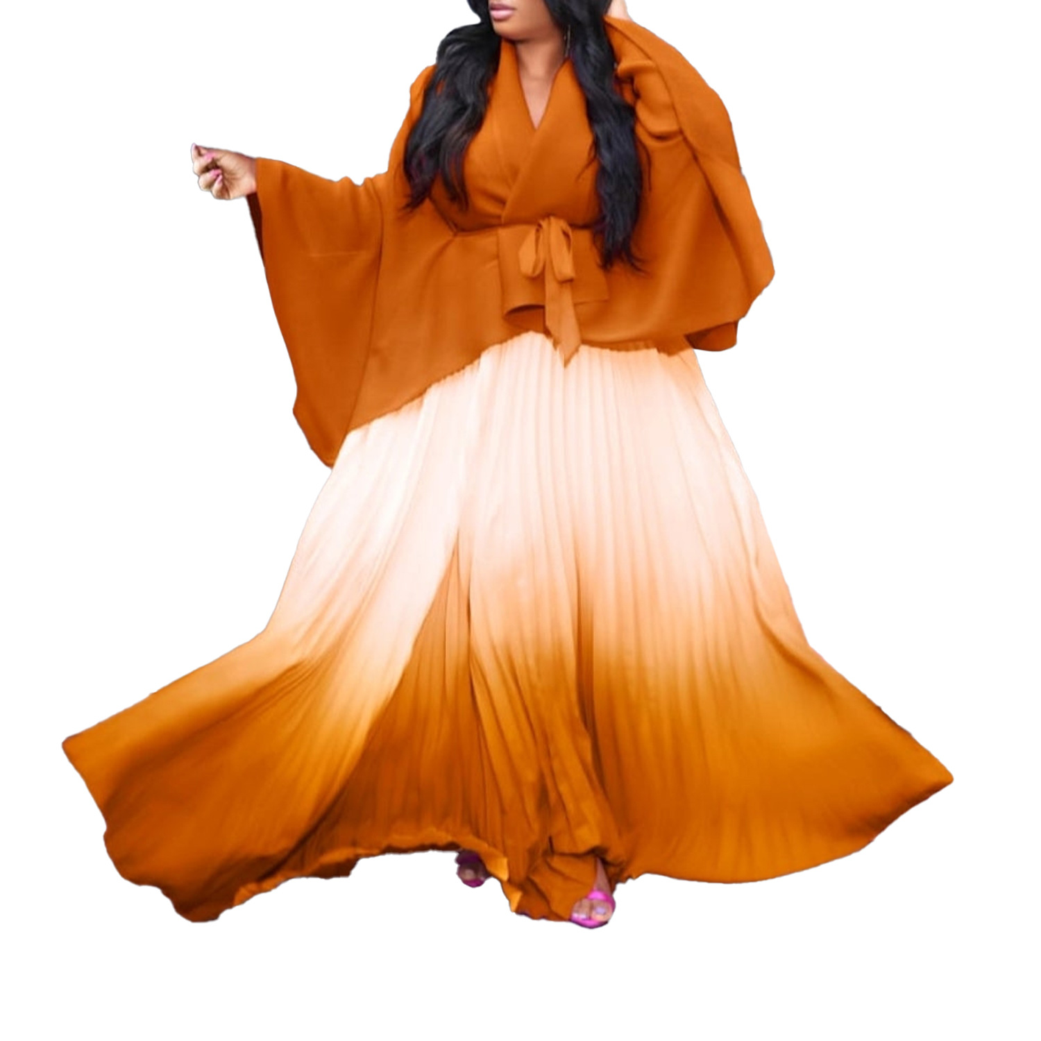 Damenbekleidung plissierter unregelmäßiger Schnürer oben mit Farbverlaufsrock zweiteiliger Anzug_voghion.com