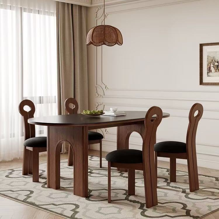 Mesa de comedor de tablero de roca de estilo antiguo de madera maciza francesa, mesa de comedor para el hogar de apartamentos pequeños, mesa de comedor de tablero de roca ovalado de madera maciza, combinación de mesa y silla de comedor