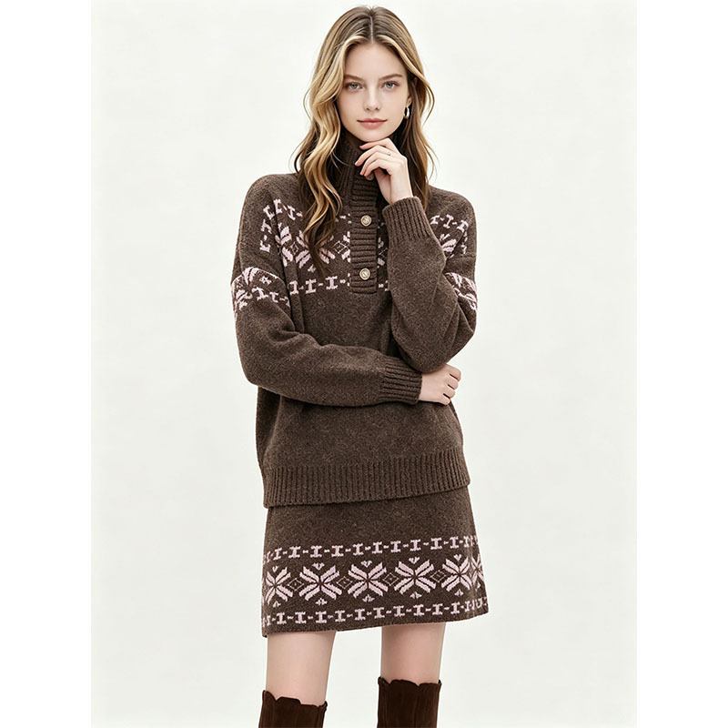 Cross-Border Fair Isle Jacquard Sweater Knit Set for Women, New Autumn and Winter Style, High-Neck Button-Up Top + Short Skirt Two-Piece Set