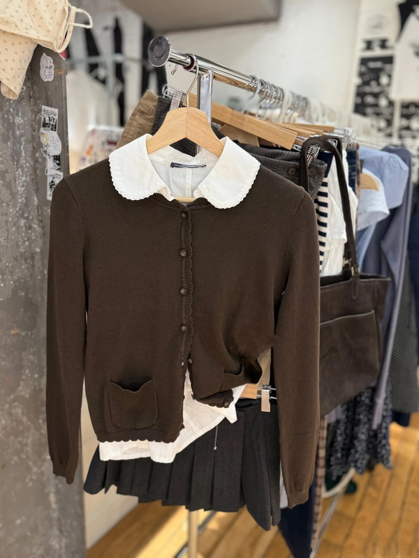 Bm Style Brown Lace Collar Long-Sleeved Knitted Cardigan Women's Autum Bm Loose Slim Sweater Jacket Top