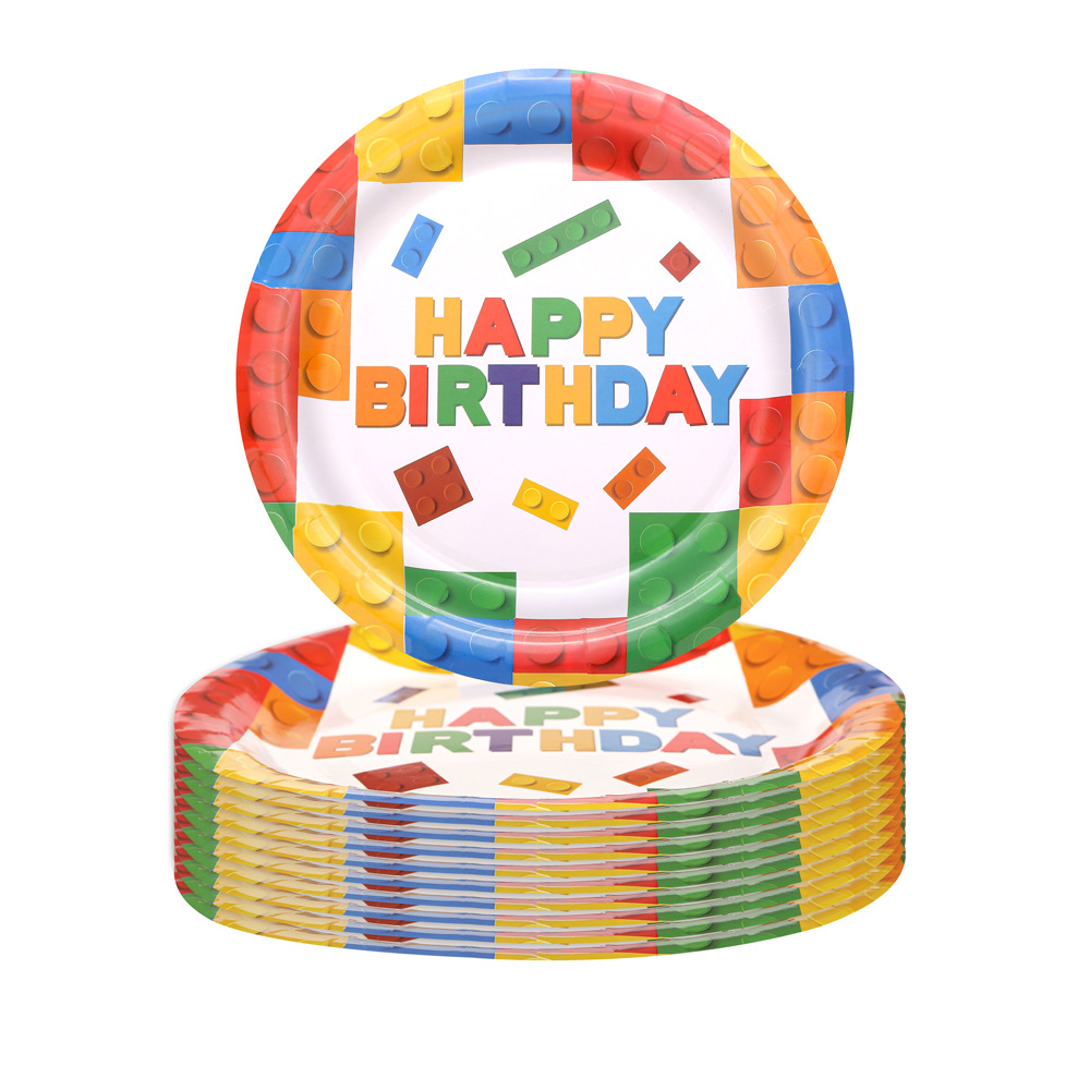 Lego tema de fiesta de cumpleaños decoración bandeja de papel tazas de papel toallas de mesa para niños juegos de puzzle cubiertos