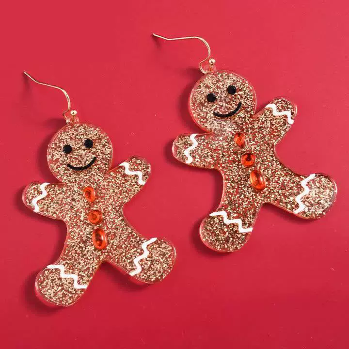 Earrings gingerbread man, glitter dangle earrings, lightweight holiday accessory