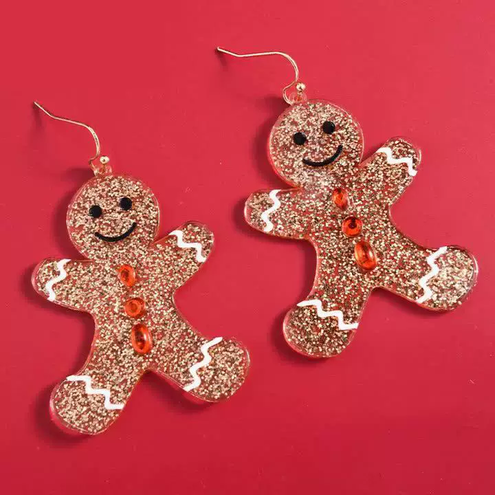 Earrings gingerbread man, glitter dangle earrings, lightweight holiday accessory
