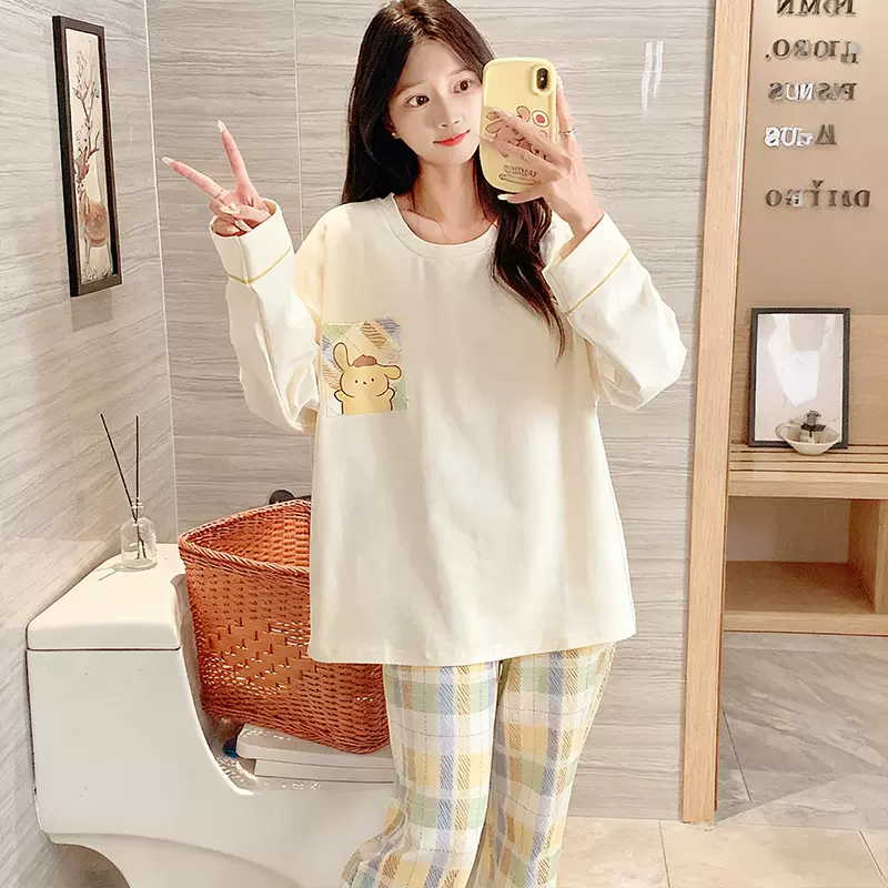 奶油风布丁狗春秋圆领长袖睡衣女秋冬套装休闲可外穿女士家居服薄