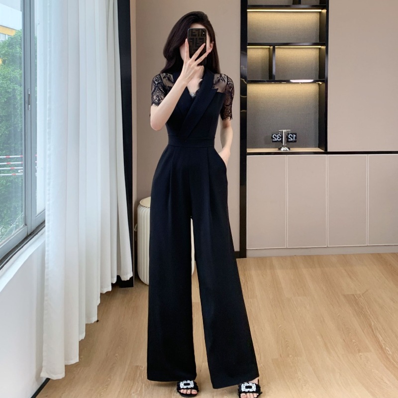 High Leng Yujie Style Pants Women's 2024 Summer Short-sleeved High Waist Lace Stitching Hollow-out Pants Straight Pants