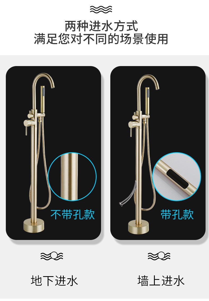 The manufacturer wholesals floor-standing bathtubs with faucets, bathtub edges, vertical all-copper rose gold columns, and large flow with dual control of cold and hot water Item Picture