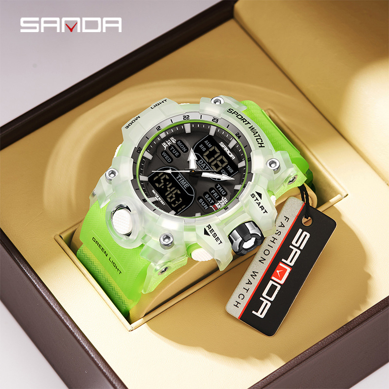 SANDA 6126 doble pantalla reloj electrónico despertador reloj multifuncional reloj de moda hombre impermeable reloj de pulsera correa transparente