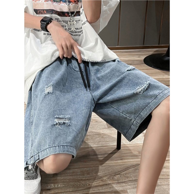 Summer Loose plus size Hole Denim Shorts Men's Japanese Style Vintage Tooling Pants Trendy Brand Beggar's Personalized Pants