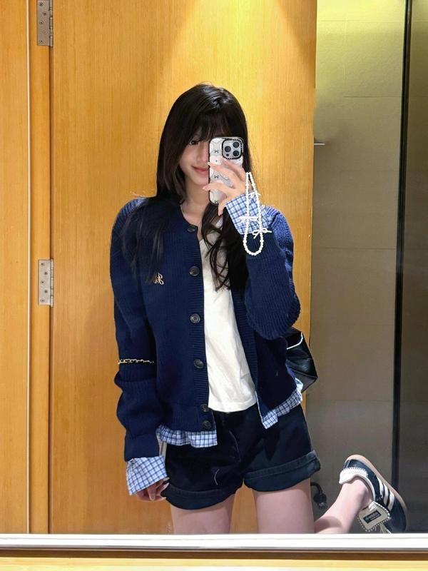 秋季假两件针织开衫毛衣女学院风衬衫拼接撞色高级感百搭外套上衣|undefined