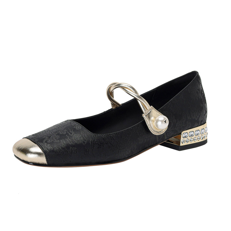 Trendy sur retro verde bordado chino estilo nacional tacón bajo diamantes de imitación francés Mary Jane zapatos individuales mujer fondo plano con falda