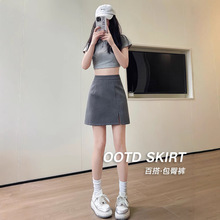 2025韩版小个子开叉黑色半身裙春夏季高腰显瘦百搭群A字包臀短裙