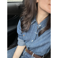 刺绣水洗牛仔衬衫女上衣长袖Polo衬衫美式春秋