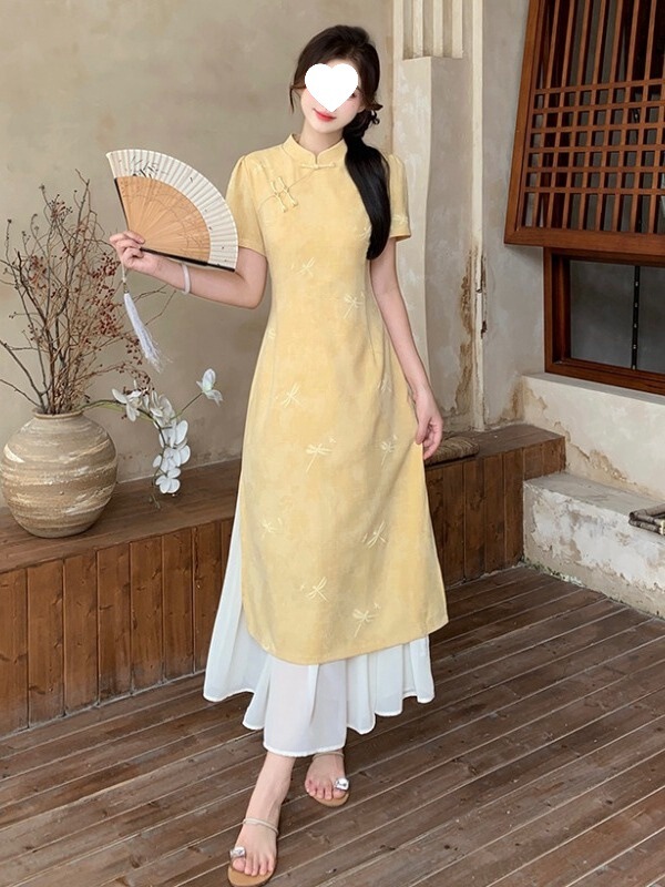 New Chinese Style Improved Yellow Cheongsam National Style Right Shoulder Dress 2025 Summer Large Size Fat mm Chiffon Hem Long Skirt