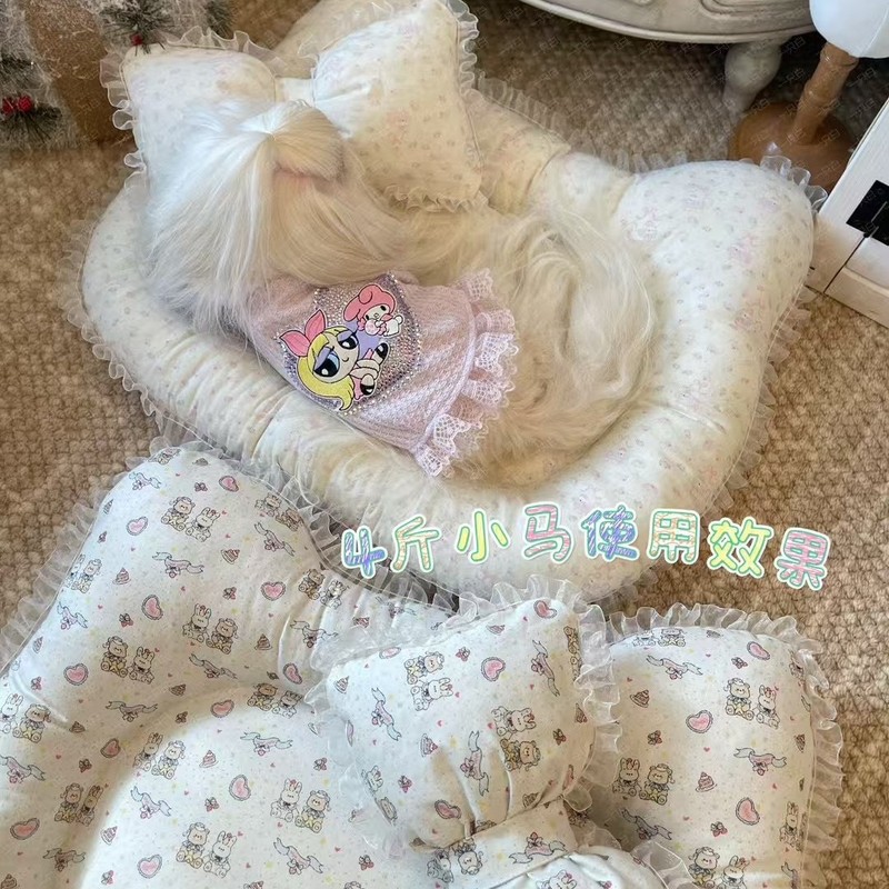 KT 形状両面プリントパターン韓国風花柄カラーブロックピンクリボン小型ペット犬小屋犬マット|undefined