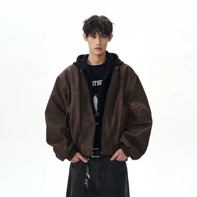 Men's faux two-piece PU leather flight jacket, American high street style, cool and casual, loose fit, versatile biker jacket with hood Men's faux two-piece PU leather flight jacket, American high street style, cool and casual, loose fit, versatile biker jacket with hood