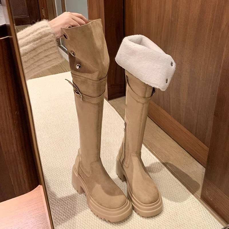 Su Yinyin mismo estilo ~ Otoño e invierno 8cm botas altas de tacón grueso de piel de cordero de suela gruesa botas delgadas elásticas por encima de la rodilla mujeres