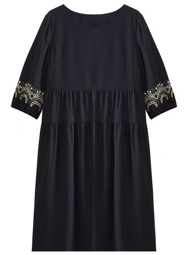 Round Neck Embroidered Ethnic Style Dress New Plus Size Spring and Autumn Women's Retro Splicing Loose Slimming Skirt