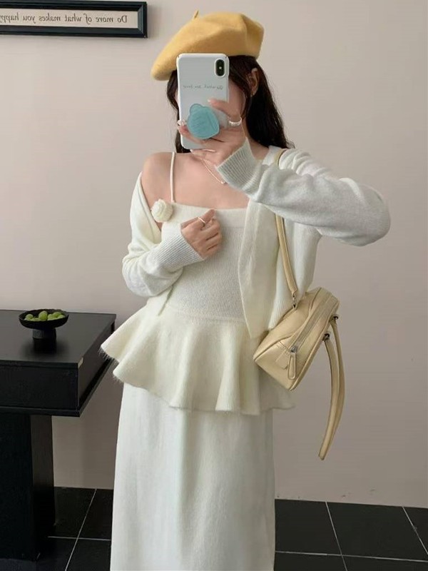 温柔风立体刺绣花朵针织开衫+吊带+半身裙套装女秋装毛衣三件套潮|undefined