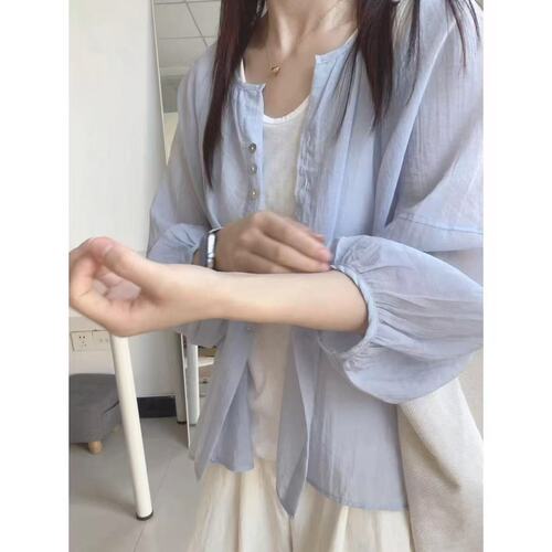 French-style gentle lilac silk-linen sun protection shirt for women, summer thin model, outerwear, loose bell sleeve blouses and coats