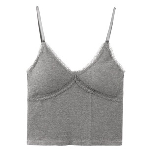 Gray lace camisole Women's American-style black autumn and winter inner wear with chest pad White bottoming shirt pure desire top