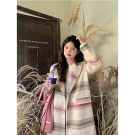 ZM824春秋新款条纹宽松西装领温柔呢子大衣女设计感格子毛呢中长