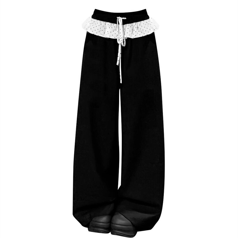 Korean-style popular plus-size 120kg lace trim casual pants for women, loose-fitting, slimming, straight-leg, wide-leg trousers