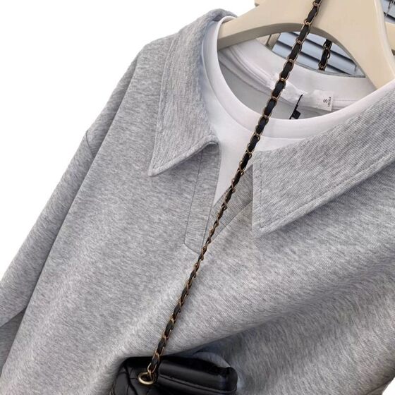 Grey Shoulder Polo Collar Fake Two-piece Sweatshirt Women's Spring and Autumn Lazy Style Loose Slimming Pullover Long-sleeved Lapel Top
