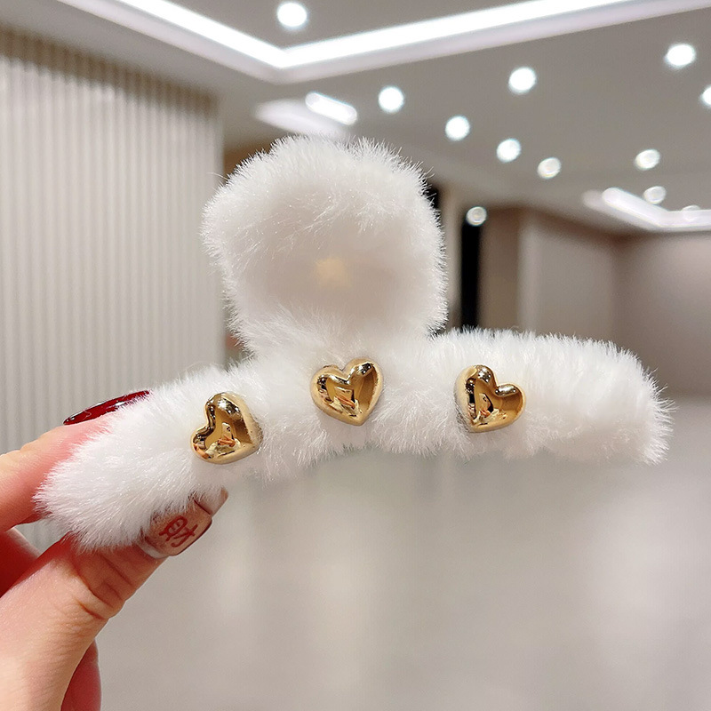 2026秋冬ミンクファー毛皮ヘアクリップ、高級感のある後頭部用大型シャーククリップ、ハート型キラキラ輝くダイヤモンド付き毛皮ヘアクリップ