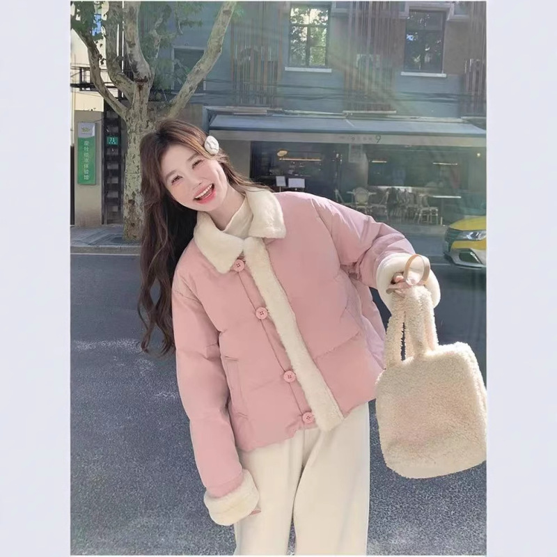 拼接甜美减龄翻领羽绒棉服女冬新款小个子短款加厚保暖棉服外套潮|undefined