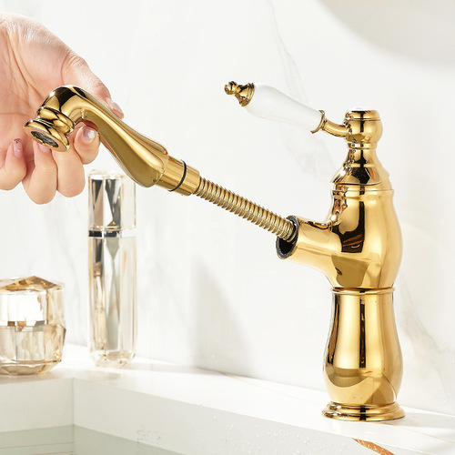 French retro pull-out faucet full copper basin wash faucet bathroom gold ceramic handle hot and cold water head