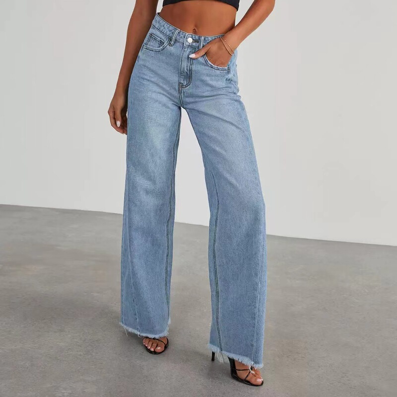 Cross-Border Export Fashion Retro Raw Edge Women's 2025 New Amazon High Waist Straight Leg Side Seam Splicing Frayed Denim Cross-Border Export Fashion Retro Raw Edge Women's 2025 New Amazon High Waist Straight Leg Side Seam Splicing Frayed Denim