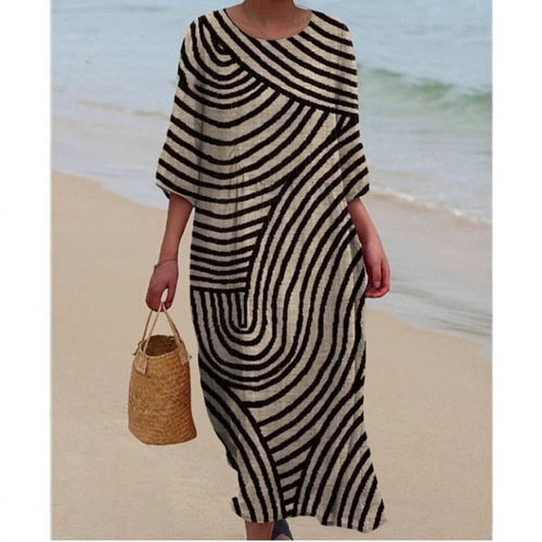 2024 Summer Cross-Border Amazon European and American Women's Casual Fashion Round Neck Long Print Dress for Women