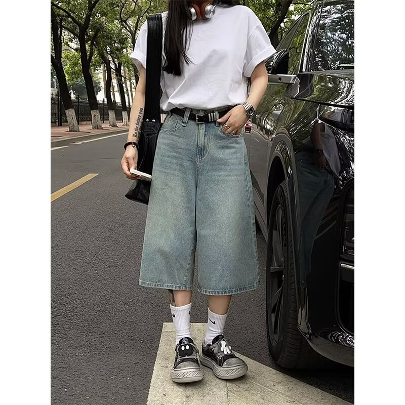 American Style Light Color Washed Old Wide Leg Jeans Women's Spring and Summer High Waist Slimming Loose Straight Cropped Shorts