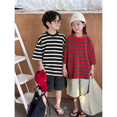 2024夏季新款韓版兒童條紋短袖時尚男童做舊破洞圓領T恤寶寶上衣