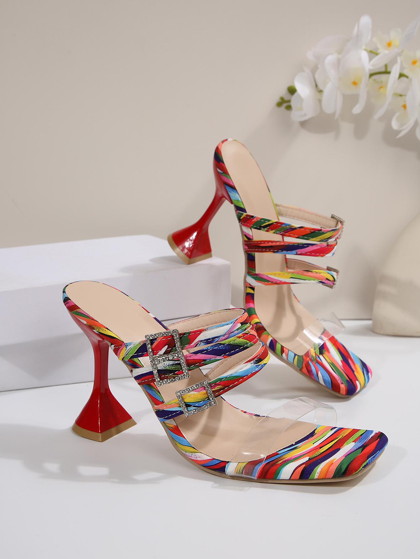 plus Size Floral High Heels Square Toe Transparent Strappy Sandals European American Style Women's Summer New Elegant 43_vogvips.com