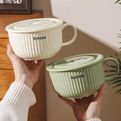クリーム風セラミックインスタントラーメンボウル家庭用蓋付き鮮度保持丼電子レンジ対応学生ハンドルボウル仕事弁当箱