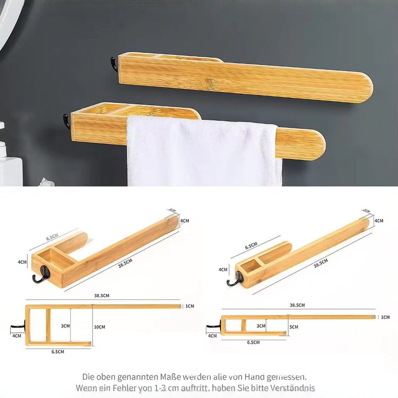 パンチフリーの粘着式竹タオルラック家庭用木製バスルームタオルラック多目的バスルーム壁収納ラック|undefined