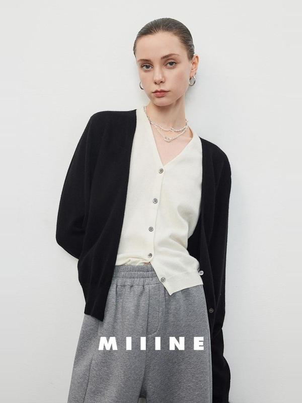 Miiine叠穿假两件V领灰色撞色开衫外套 羊毛针织衫初秋独特上衣|undefined