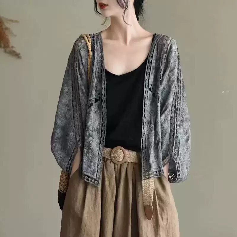 New Fashion Retro Lace Knit Cardigan Jacket for Women, Crochet Hollow-Out Cover-Up, Thin Women's Top
