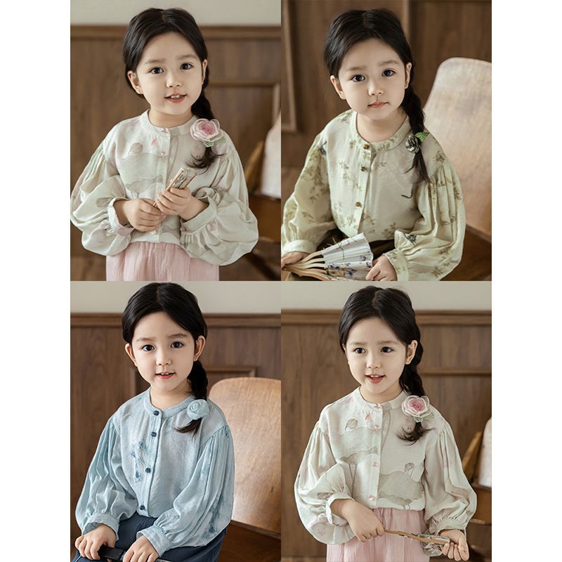 Wulibu Girls' Lantern Sleeve National Style Shirt Thin 2025 Summer Children's Sweet and Cute Heat Covering Chinese Shirt