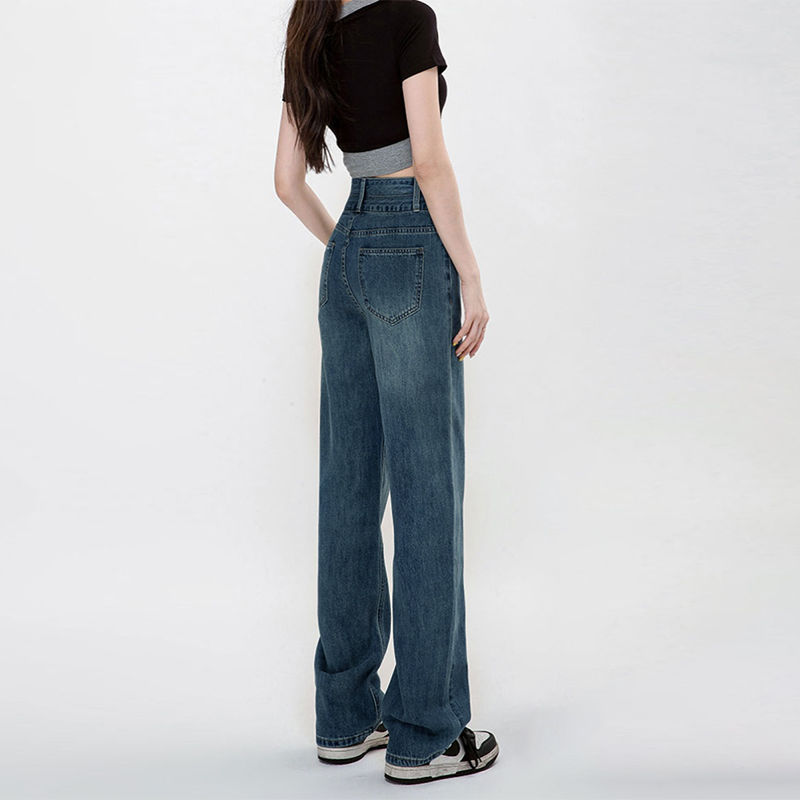 Slim Fit Jeans Retro Distressed Women's Summer 2025 Loose Petite Wide-Leg Pants with Personalized Waist Tag